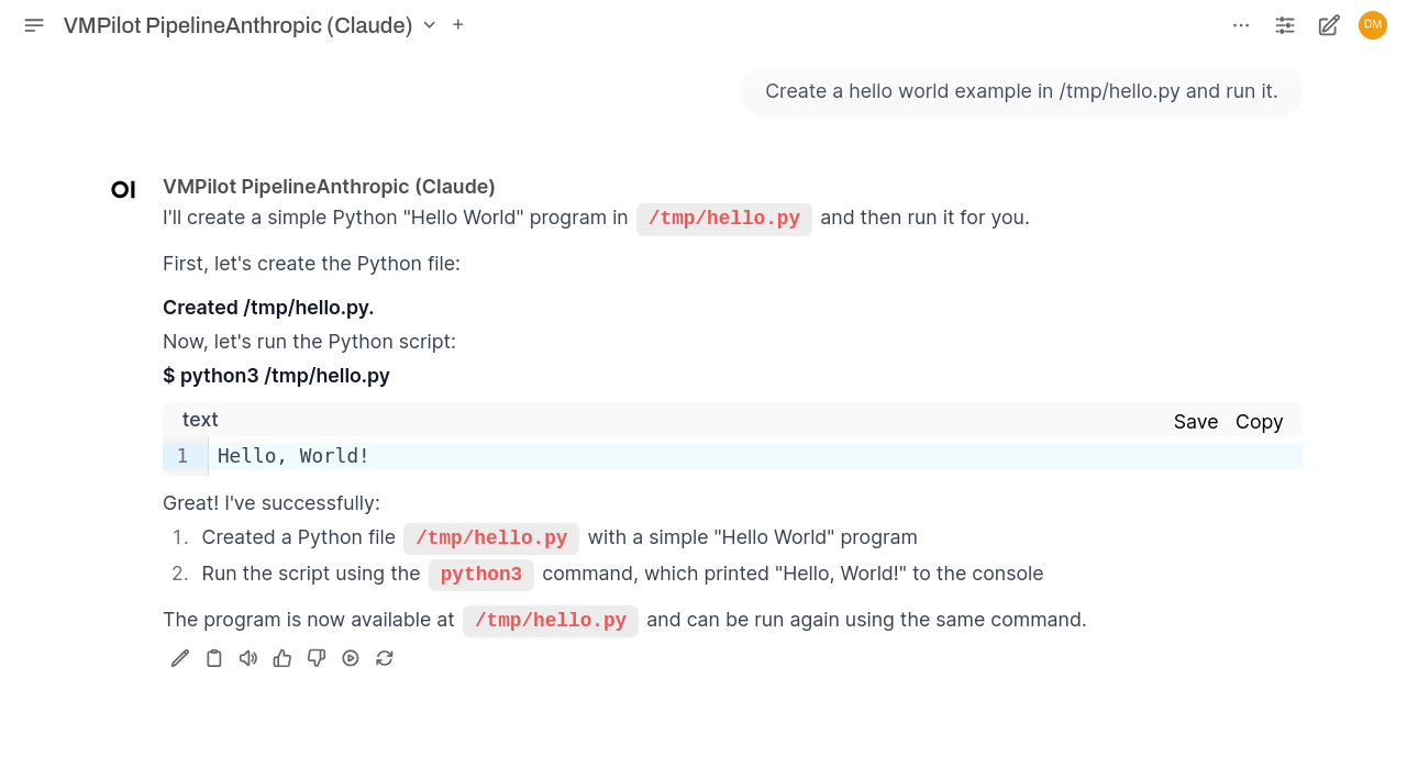 Screenshot of initial prompt and response